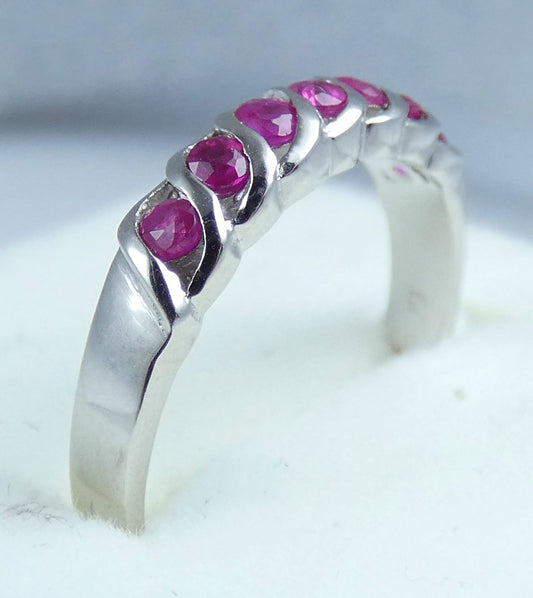 Solid 18ct White Gold & Natural .2ct Ruby Eternity Band Dress Ring Size 5.5 K 50