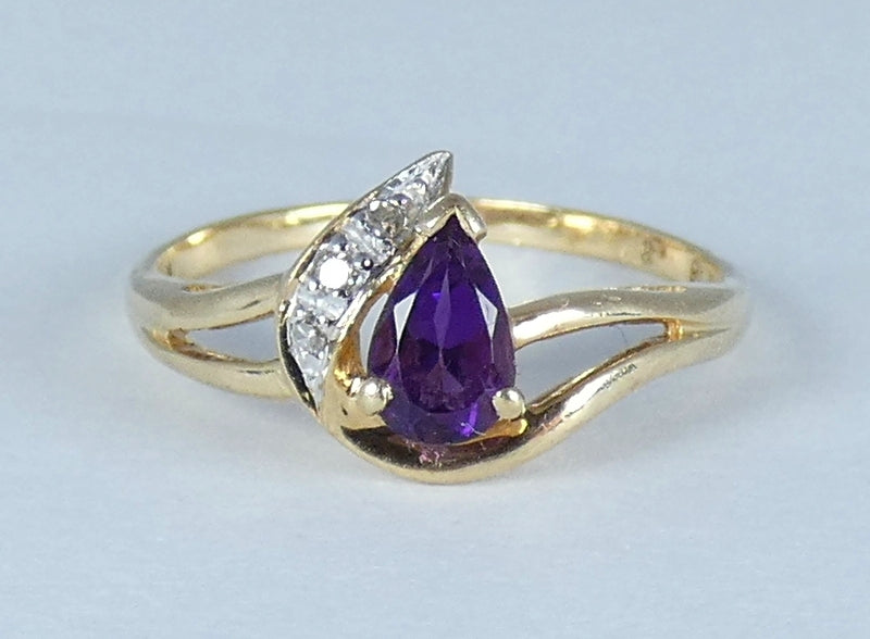 Solid 9ct Yellow Gold Pear Cut Purple Amethyst Diamond Dress Ring Size 6.5 M 52
