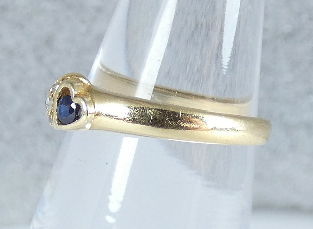 Solid 14ct Yellow Gold Blue Sapphire Diamond Love Heart Dress Ring Size 4.5 I 48