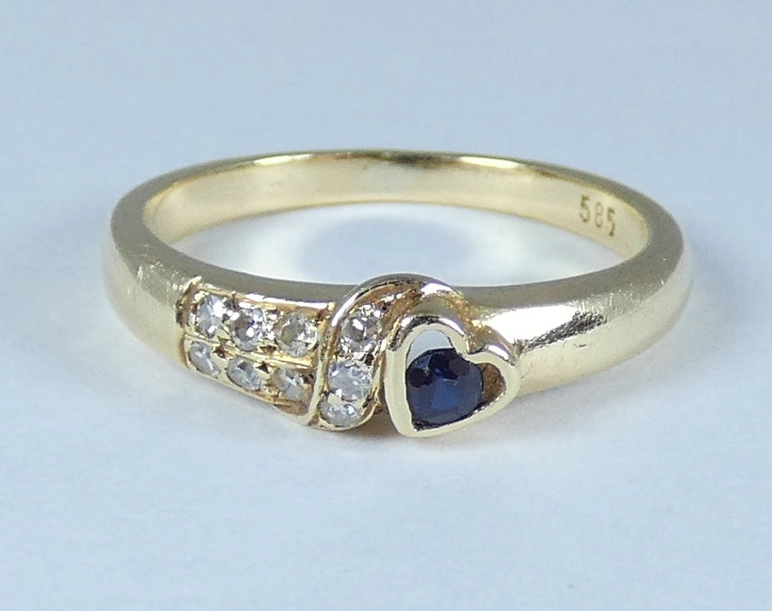 Solid 14ct Yellow Gold Blue Sapphire Diamond Love Heart Dress Ring Size 4.5 I 48