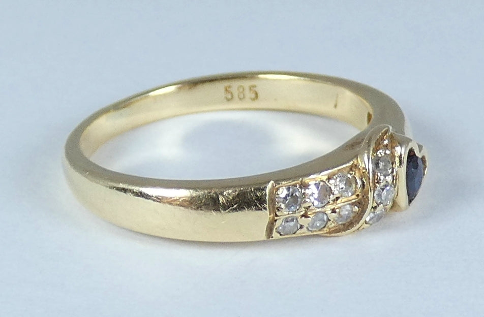 Solid 14ct Yellow Gold Blue Sapphire Diamond Love Heart Dress Ring Size 4.5 I 48