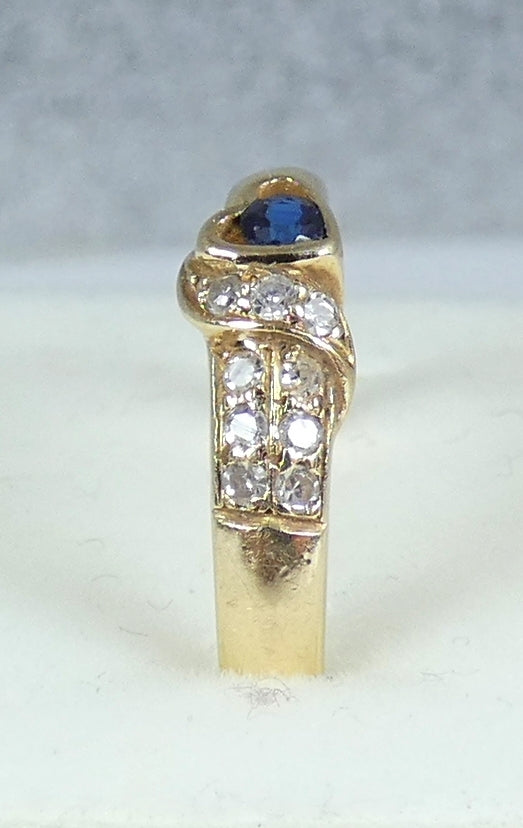 Solid 14ct Yellow Gold Blue Sapphire Diamond Love Heart Dress Ring Size 4.5 I 48