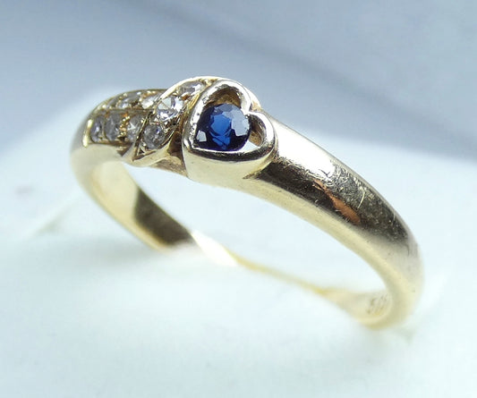 Solid 14ct Yellow Gold Blue Sapphire Diamond Love Heart Dress Ring Size 4.5 I 48