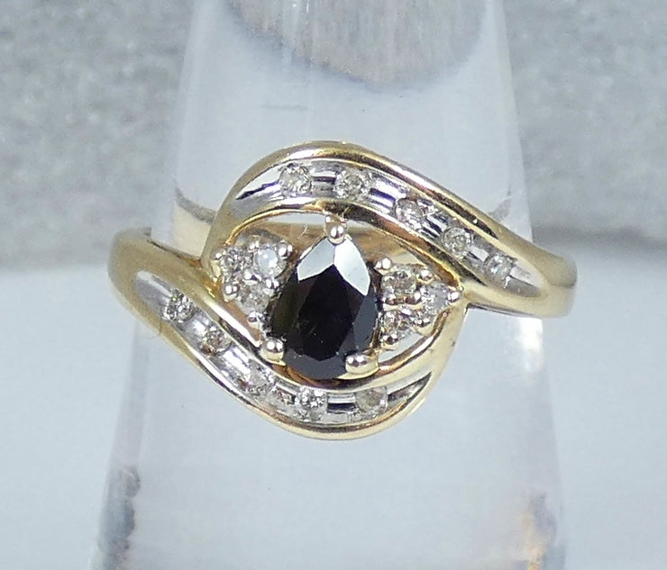Solid 9ct Yellow Gold Pear Cut Blue Sapphire Diamond Cluster Dress Ring 7.5 O 55