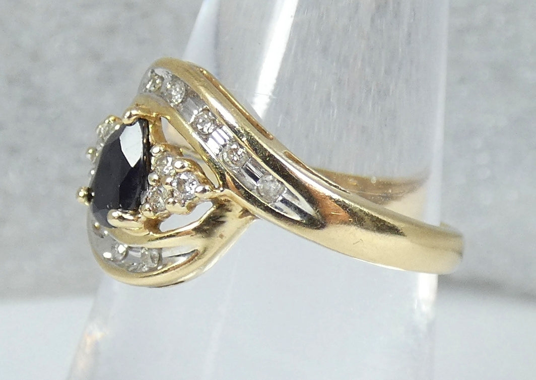 Solid 9ct Yellow Gold Pear Cut Blue Sapphire Diamond Cluster Dress Ring 7.5 O 55