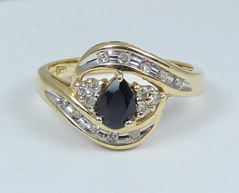 Solid 9ct Yellow Gold Pear Cut Blue Sapphire Diamond Cluster Dress Ring 7.5 O 55