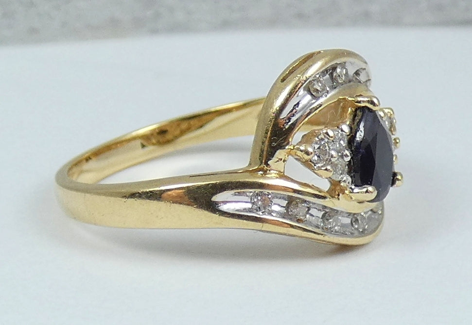 Solid 9ct Yellow Gold Pear Cut Blue Sapphire Diamond Cluster Dress Ring 7.5 O 55