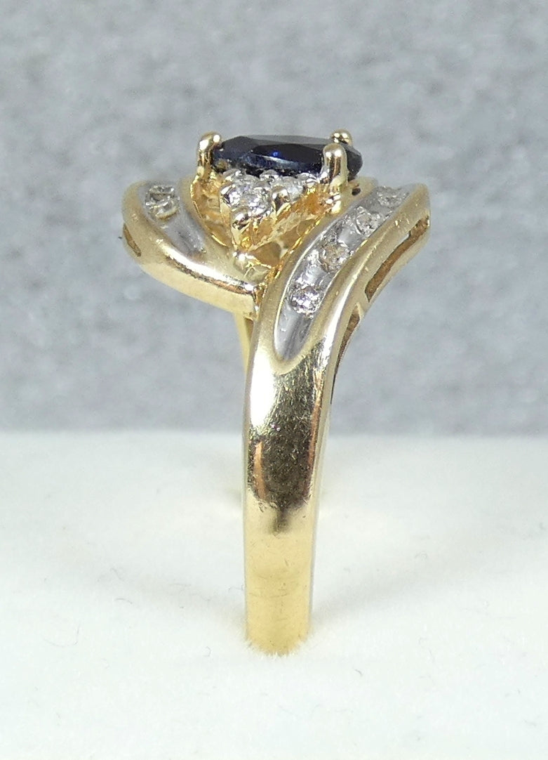 Solid 9ct Yellow Gold Pear Cut Blue Sapphire Diamond Cluster Dress Ring 7.5 O 55