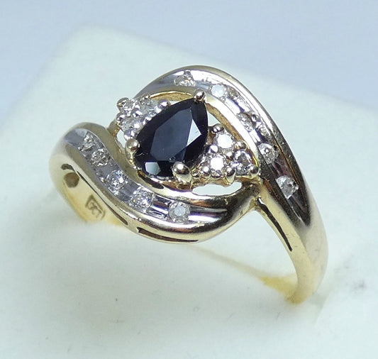 Solid 9ct Yellow Gold Pear Cut Blue Sapphire Diamond Cluster Dress Ring 7.5 O 55