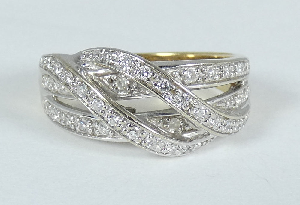 Solid 9ct Yellow White Gold 0.40ct Diamond Cluster Crossover Dress Ring 6.5 M 52