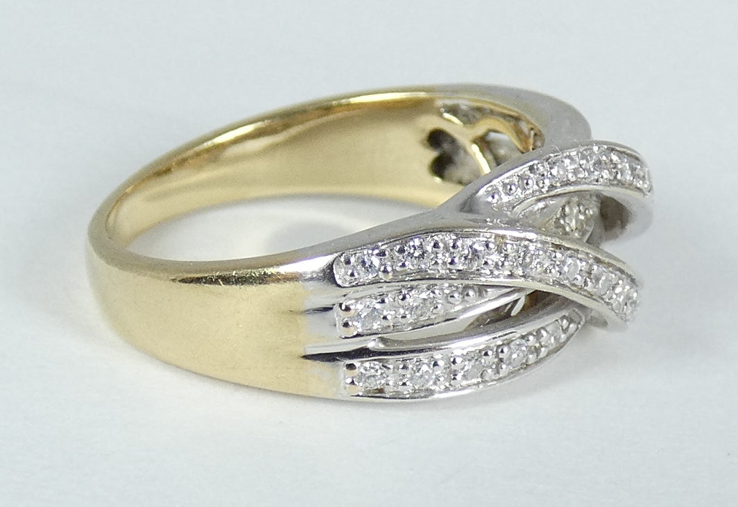 Solid 9ct Yellow White Gold 0.40ct Diamond Cluster Crossover Dress Ring 6.5 M 52