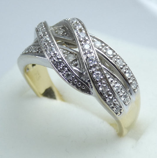 Solid 9ct Yellow White Gold 0.40ct Diamond Cluster Crossover Dress Ring 6.5 M 52