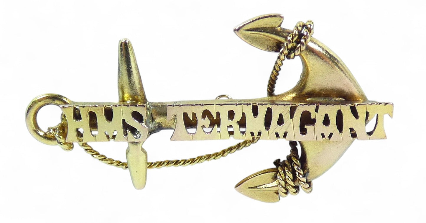 Antique 9ct Yellow Gold HMS Termagant Rope Anchor Sweetheart Brooch Royal Navy