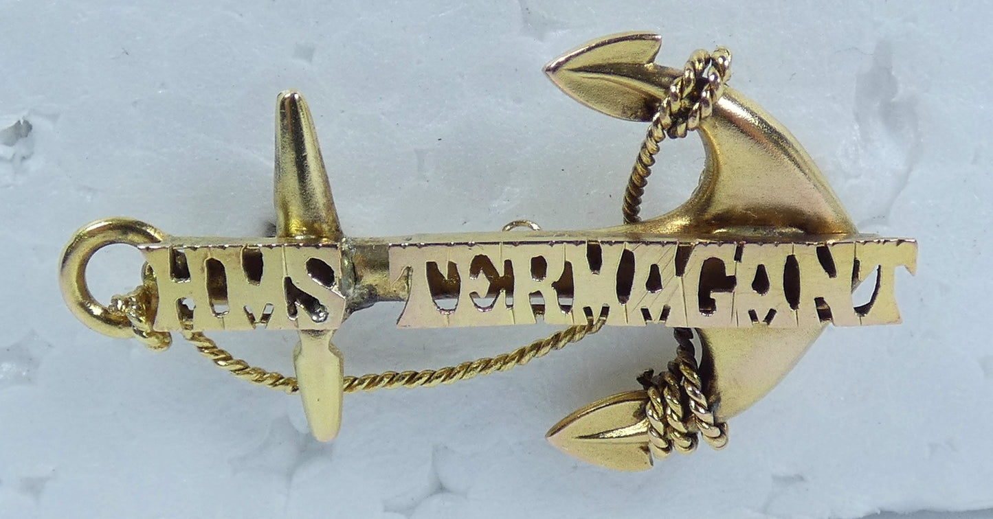 Antique 9ct Yellow Gold HMS Termagant Rope Anchor Sweetheart Brooch Royal Navy