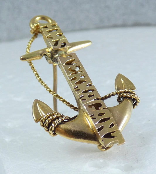 Antique 9ct Yellow Gold HMS Termagant Rope Anchor Sweetheart Brooch Royal Navy
