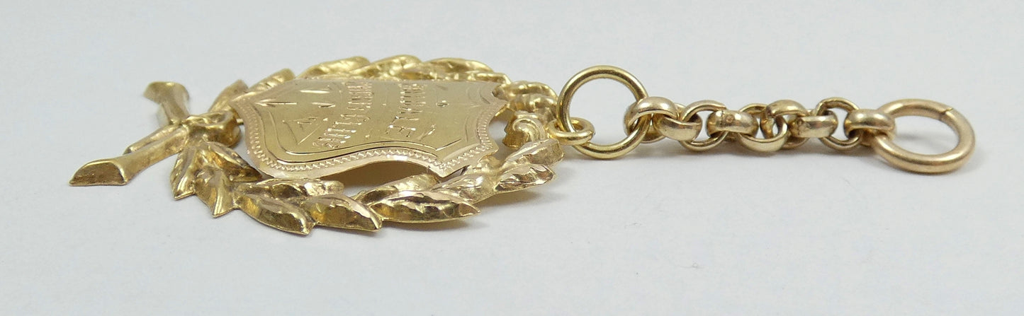 Antique 1914 Solid 15ct Yellow Gold Cricket Club Sport Medal & Chain Pendant