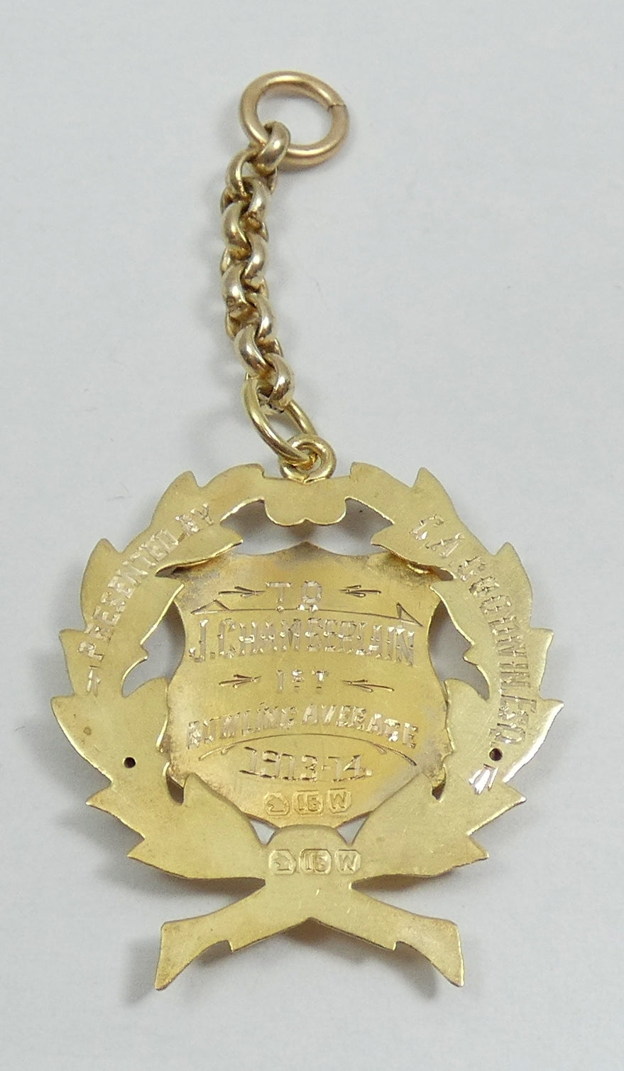Antique 1914 Solid 15ct Yellow Gold Cricket Club Sport Medal & Chain Pendant