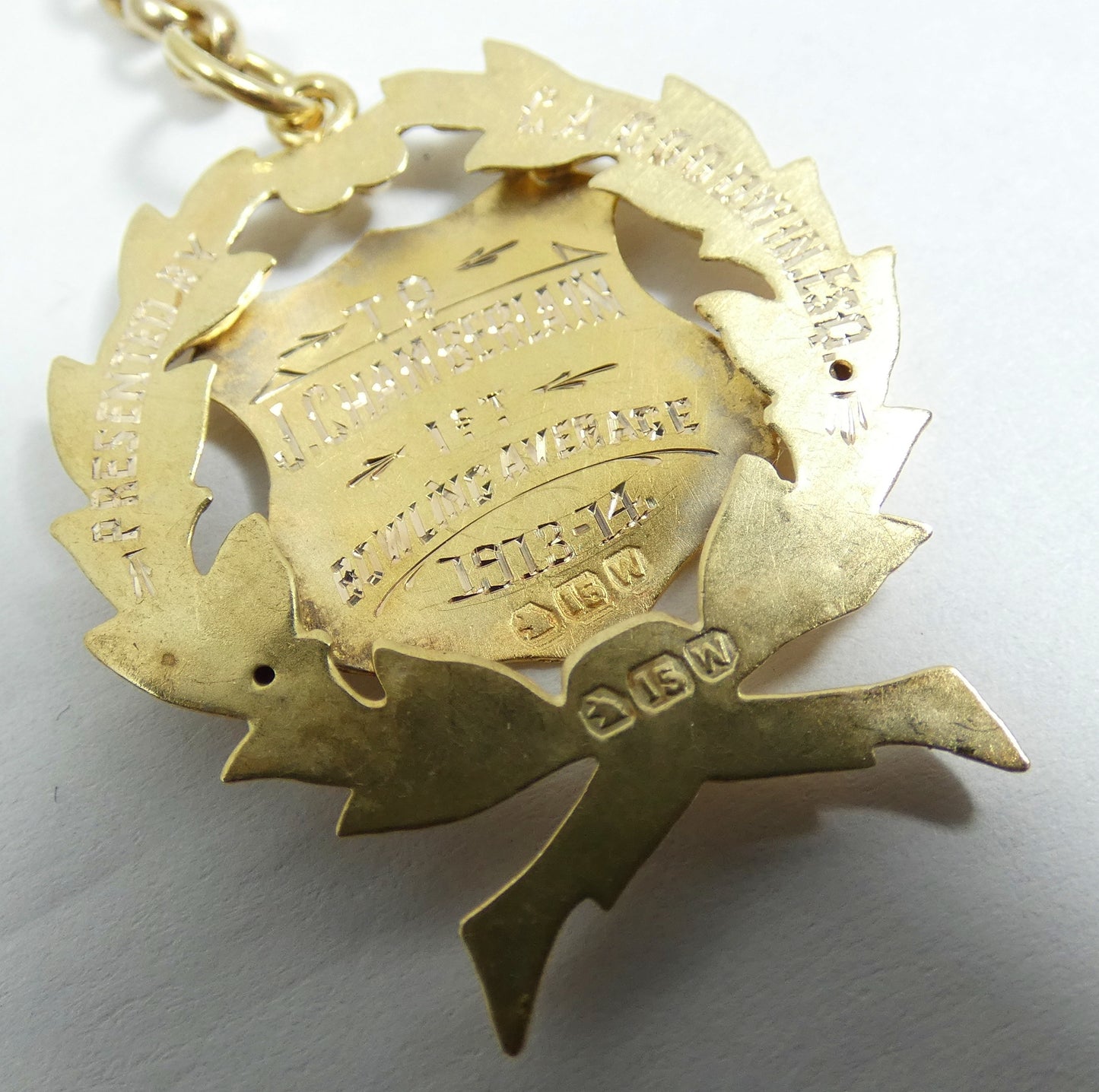 Antique 1914 Solid 15ct Yellow Gold Cricket Club Sport Medal & Chain Pendant