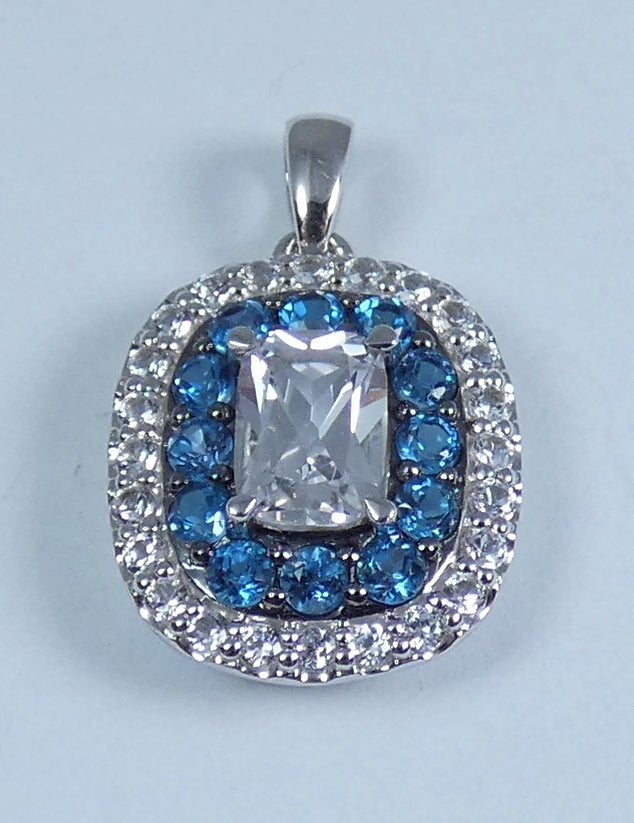 Modern Solid 9ct Gold White & Blue Topaz Cluster Necklace Pendant Cushion Cut