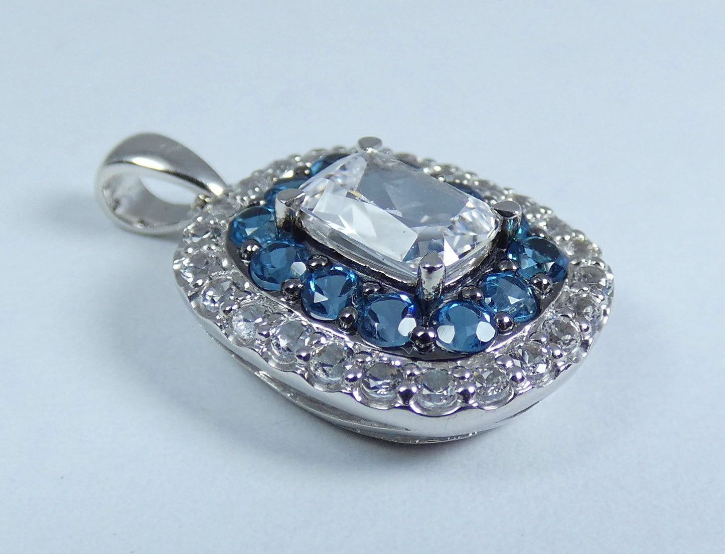 Modern Solid 9ct Gold White & Blue Topaz Cluster Necklace Pendant Cushion Cut