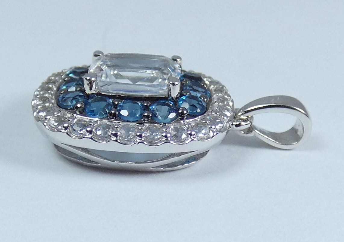 Modern Solid 9ct Gold White & Blue Topaz Cluster Necklace Pendant Cushion Cut