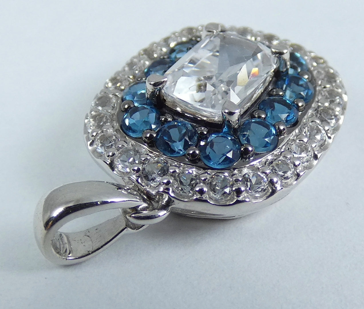 Modern Solid 9ct Gold White & Blue Topaz Cluster Necklace Pendant Cushion Cut