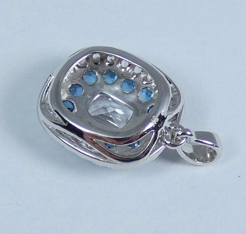 Modern Solid 9ct Gold White & Blue Topaz Cluster Necklace Pendant Cushion Cut