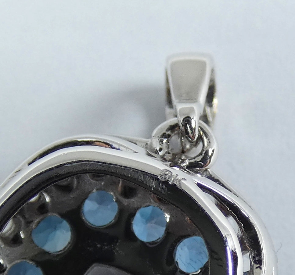 Modern Solid 9ct Gold White & Blue Topaz Cluster Necklace Pendant Cushion Cut