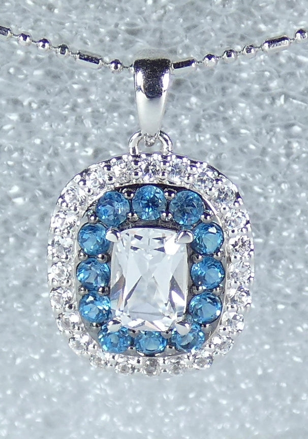 Modern Solid 9ct Gold White & Blue Topaz Cluster Necklace Pendant Cushion Cut