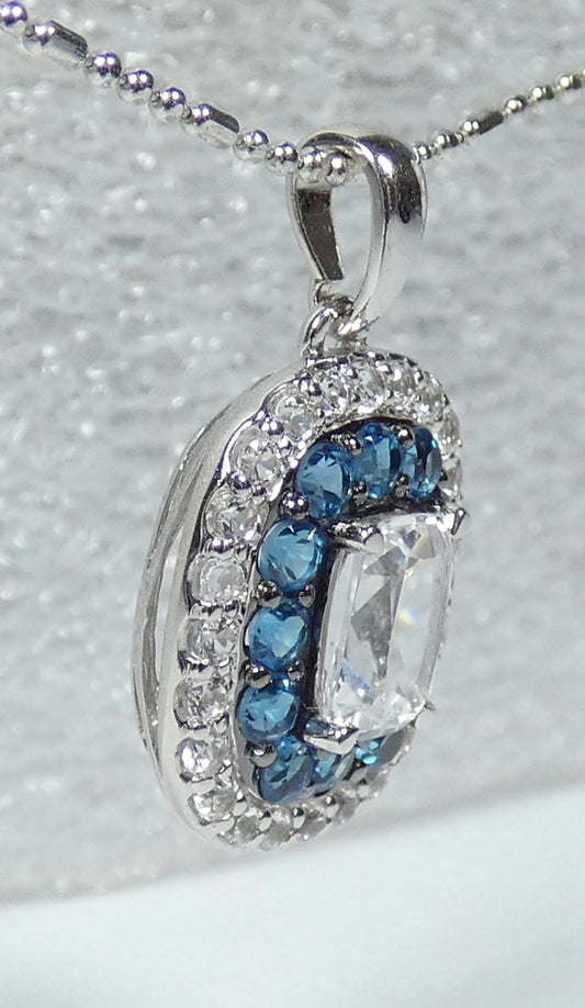 Modern Solid 9ct Gold White & Blue Topaz Cluster Necklace Pendant Cushion Cut