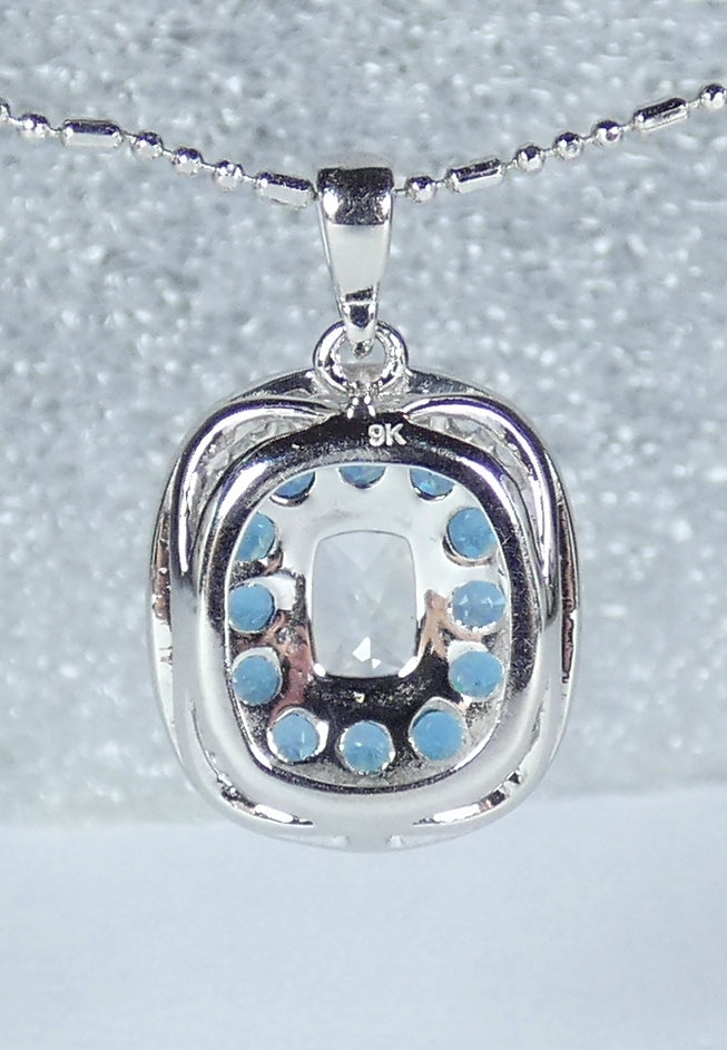 Modern Solid 9ct Gold White & Blue Topaz Cluster Necklace Pendant Cushion Cut