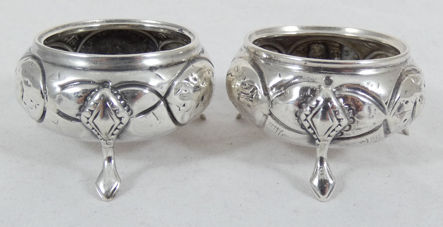Antique Victorian 1868 Pair of Sterling Silver Cauldron Salt Cellars Bowls Cruet