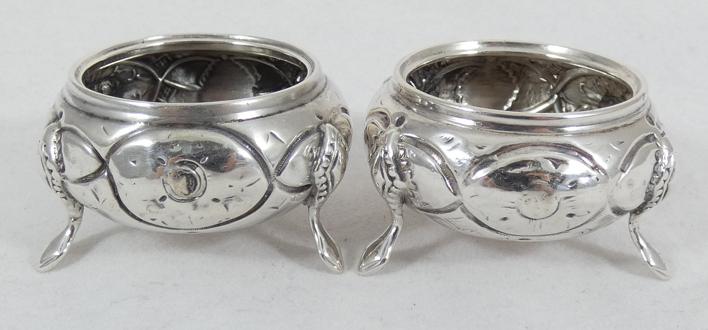 Antique Victorian 1868 Pair of Sterling Silver Cauldron Salt Cellars Bowls Cruet