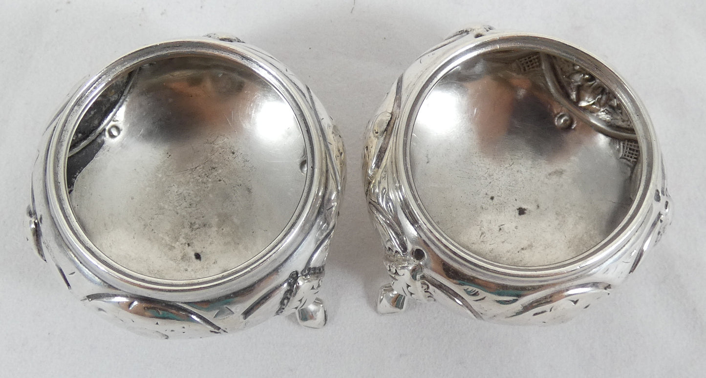 Antique Victorian 1868 Pair of Sterling Silver Cauldron Salt Cellars Bowls Cruet