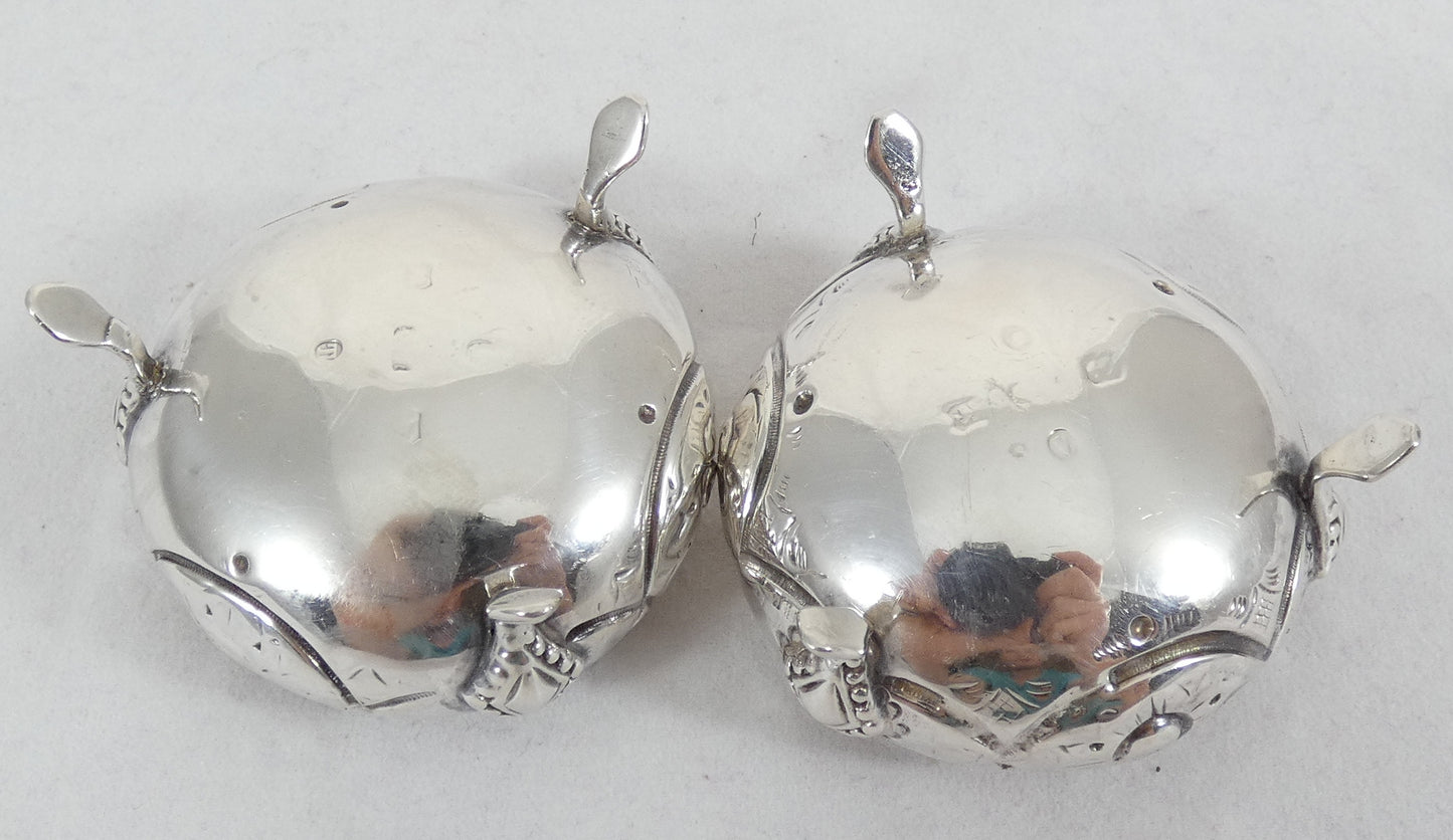 Antique Victorian 1868 Pair of Sterling Silver Cauldron Salt Cellars Bowls Cruet