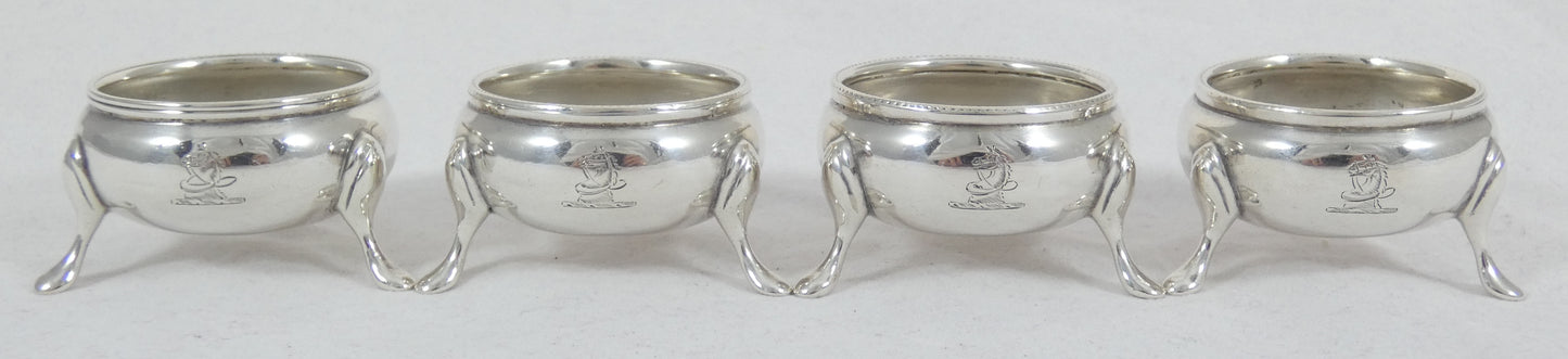 Antique Victorian 1882 Set of 4 Sterling Silver Cauldron Salt Cellars Bowl Cruet