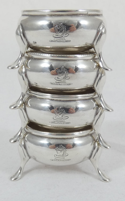Antique Victorian 1882 Set of 4 Sterling Silver Cauldron Salt Cellars Bowl Cruet