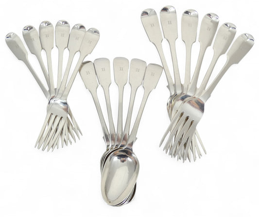 Antique Victorian 1856 Sterling Silver 6pl Cutlery Set Fiddle Back Fork Spoon GA