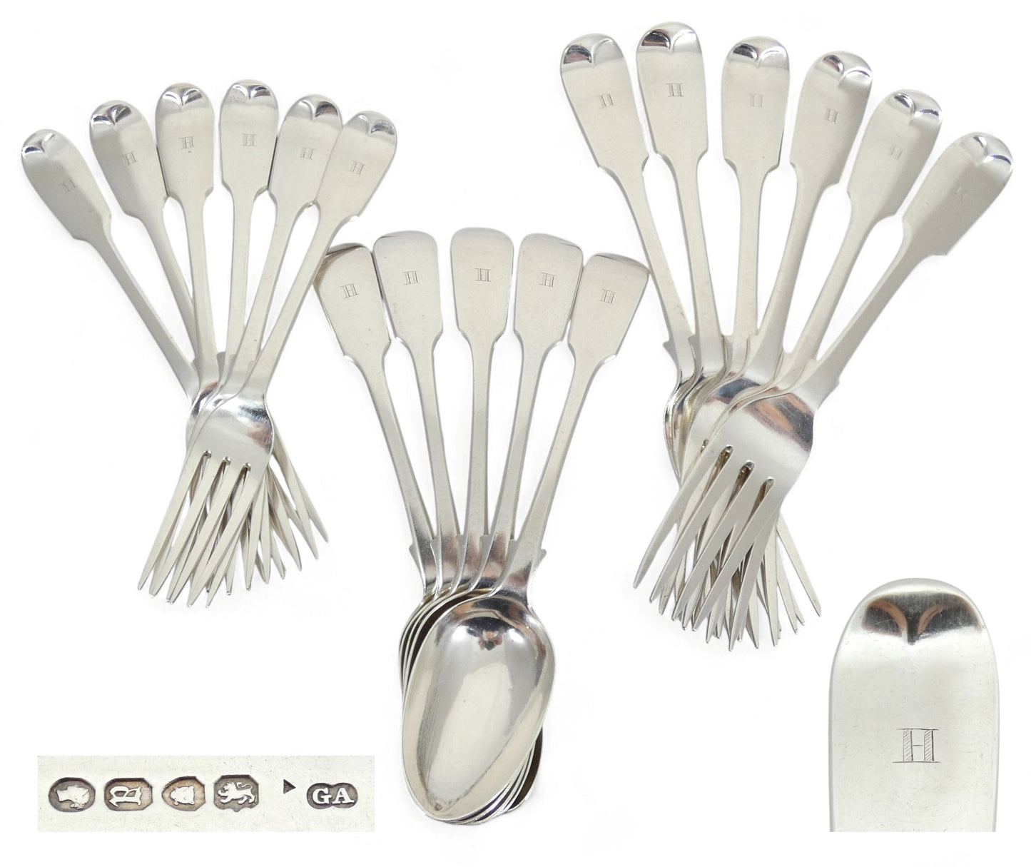 Antique Victorian 1856 Sterling Silver 6pl Cutlery Set Fiddle Back Fork Spoon GA