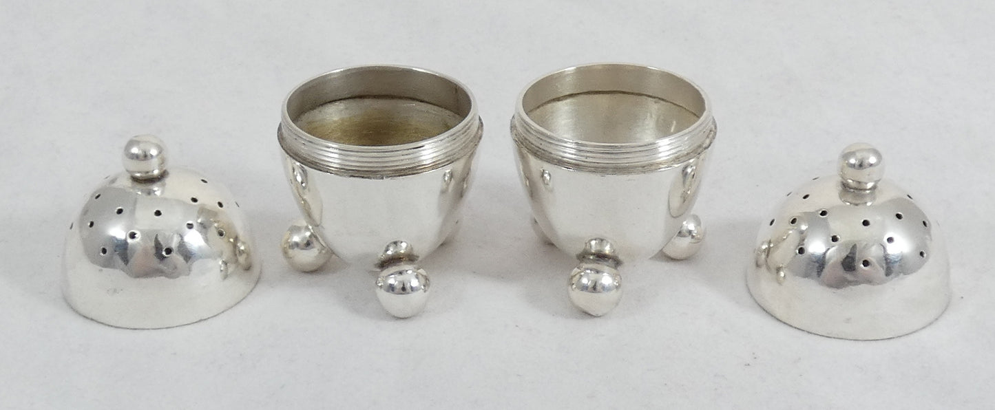 Antique Edwardian 1908 Pair of Novelty Egg Sterling Silver Pepper Pots Shakers