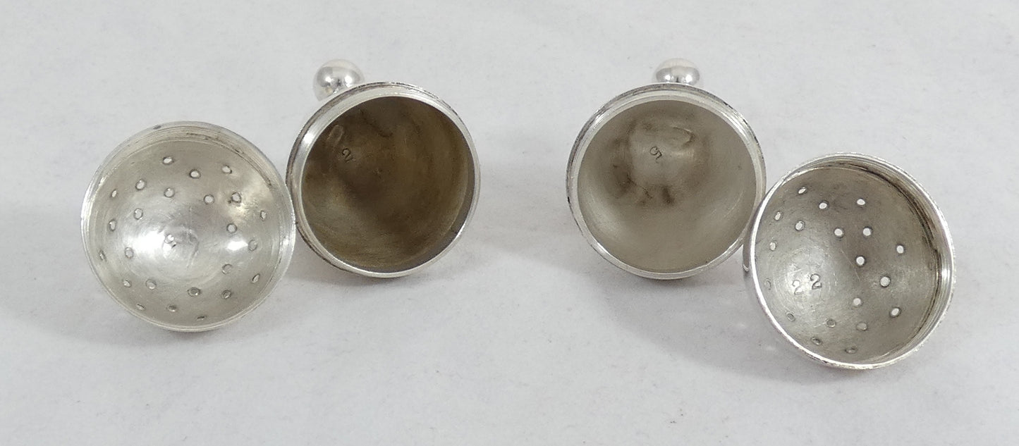Antique Edwardian 1908 Pair of Novelty Egg Sterling Silver Pepper Pots Shakers