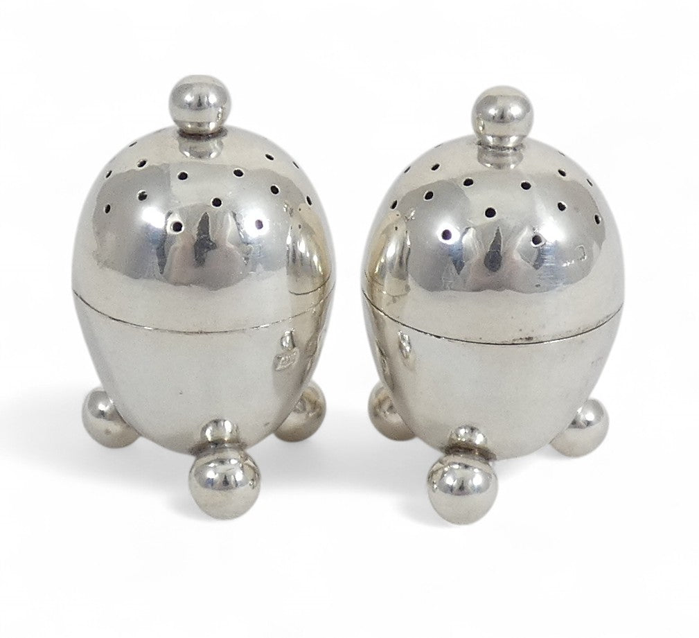 Antique Edwardian 1908 Pair of Novelty Egg Sterling Silver Pepper Pots Shakers