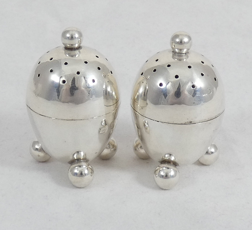 Antique Edwardian 1908 Pair of Novelty Egg Sterling Silver Pepper Pots Shakers