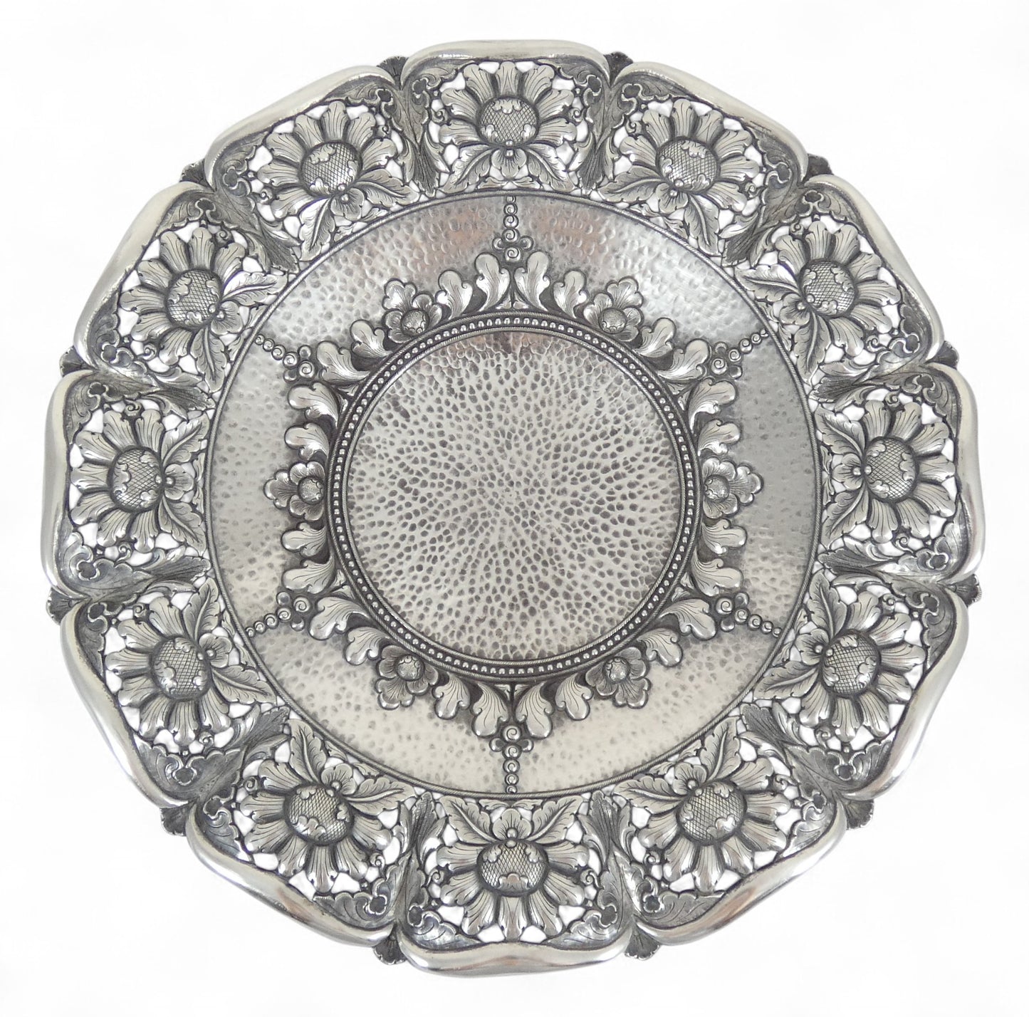 Vintage Indonsian Yogya 900 Silver Large 28cm Fruit Serving Bowl Tray Sterling