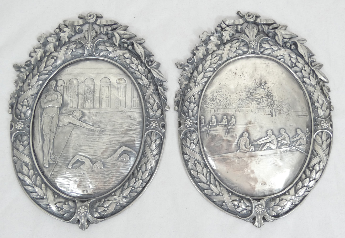Antique Art Deco 1924 Pair Sterling Silver Large Plaques Swimming Rowing Sport