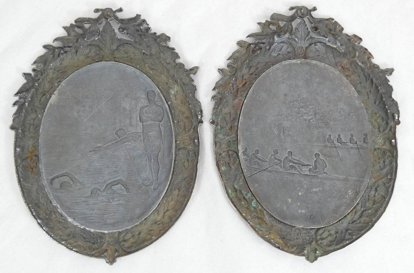Antique Art Deco 1924 Pair Sterling Silver Large Plaques Swimming Rowing Sport