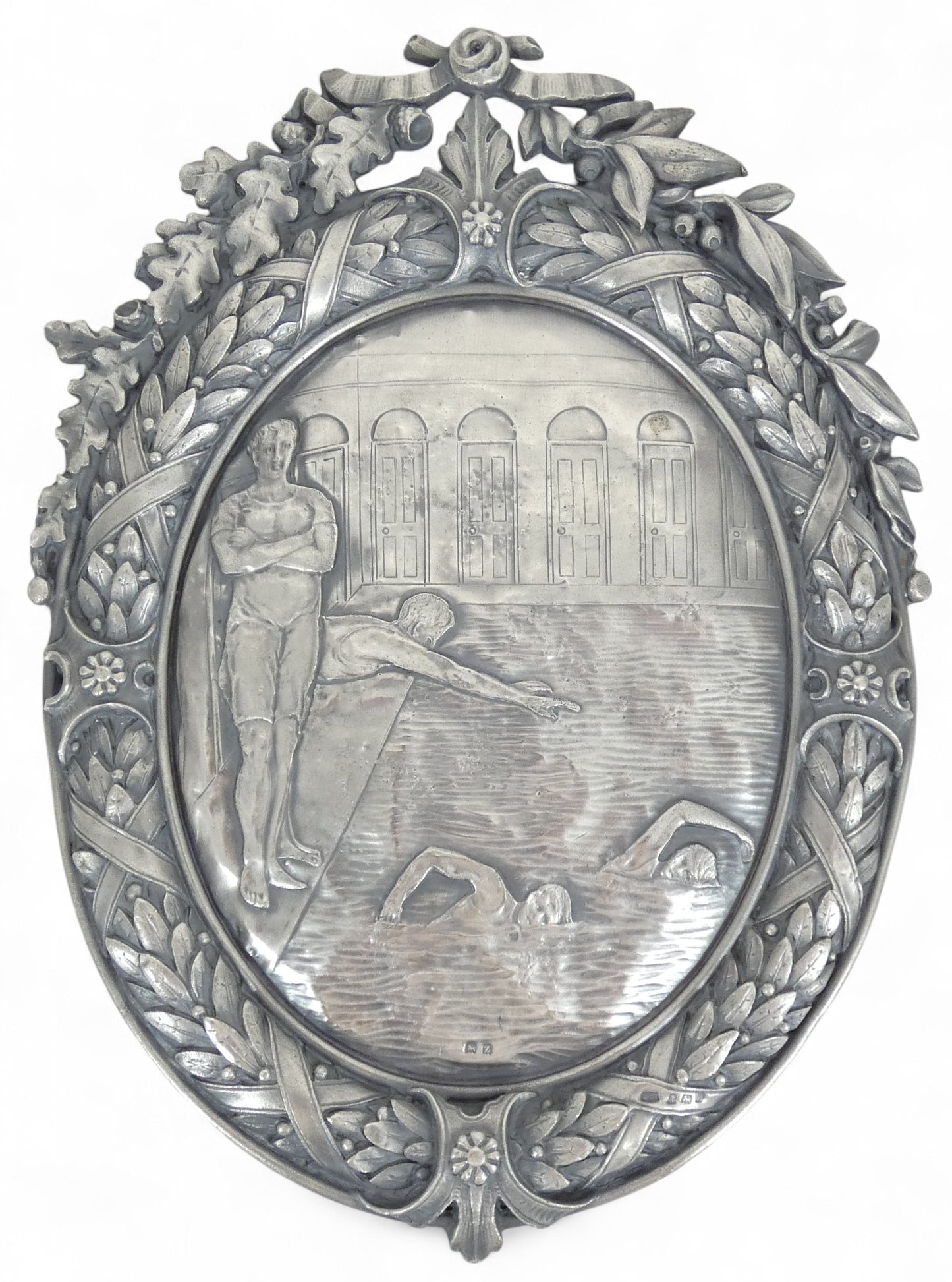 Antique Art Deco 1924 Pair Sterling Silver Large Plaques Swimming Rowing Sport