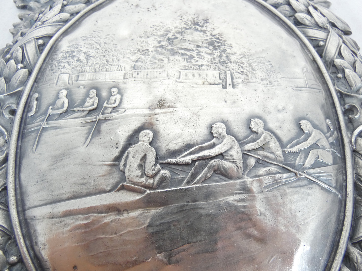 Antique Art Deco 1924 Pair Sterling Silver Large Plaques Swimming Rowing Sport