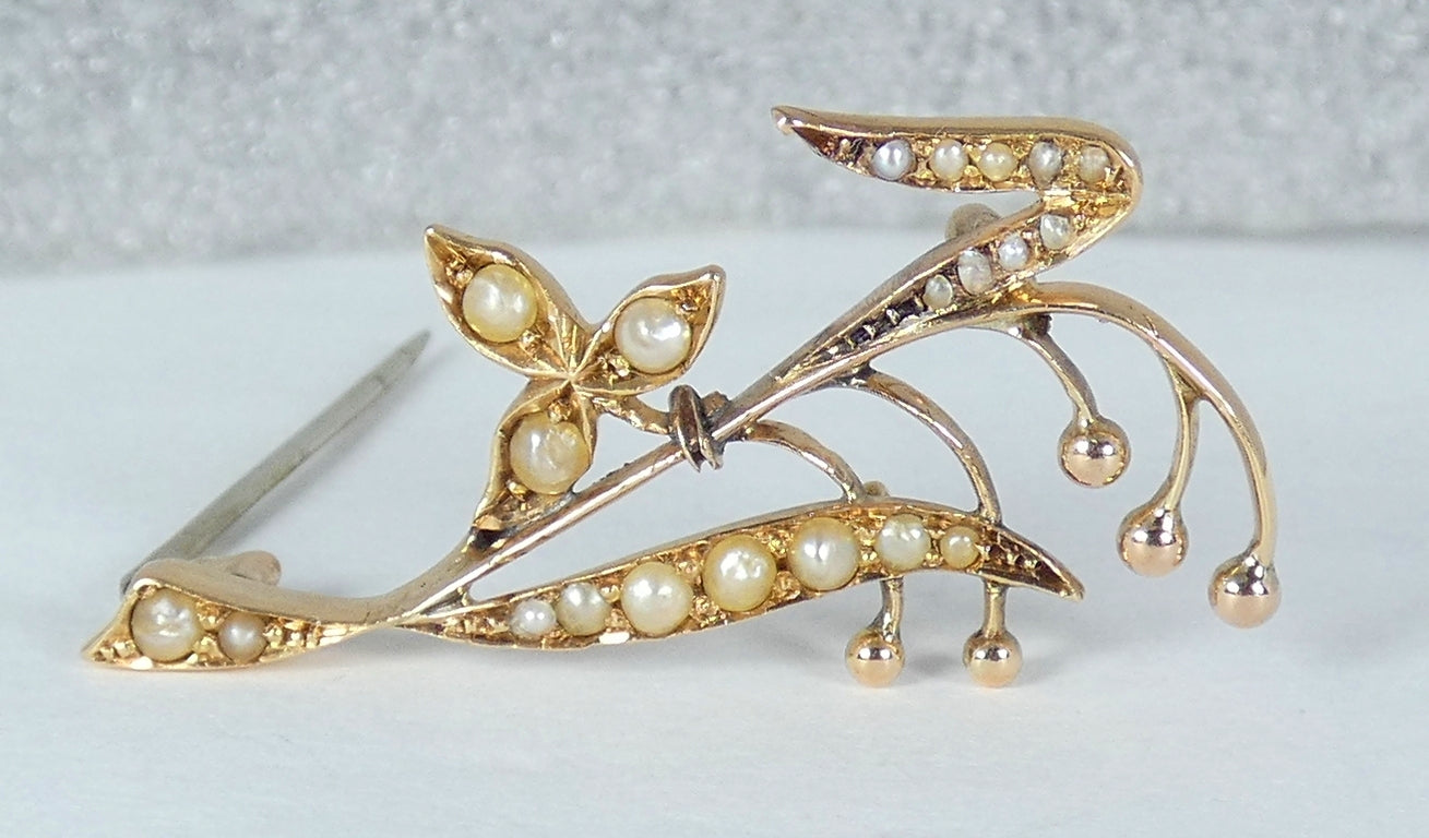 Antique Edwardian 1910 Solid 15ct Yellow Gold Pearl Lily of the Valley Brooch