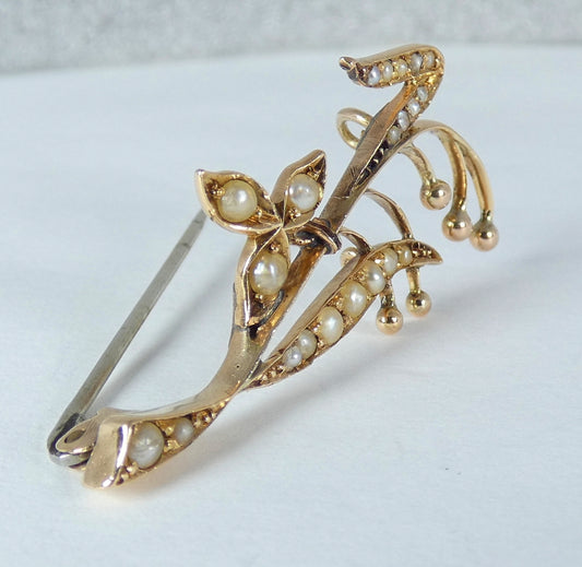 Antique Edwardian 1910 Solid 15ct Yellow Gold Pearl Lily of the Valley Brooch